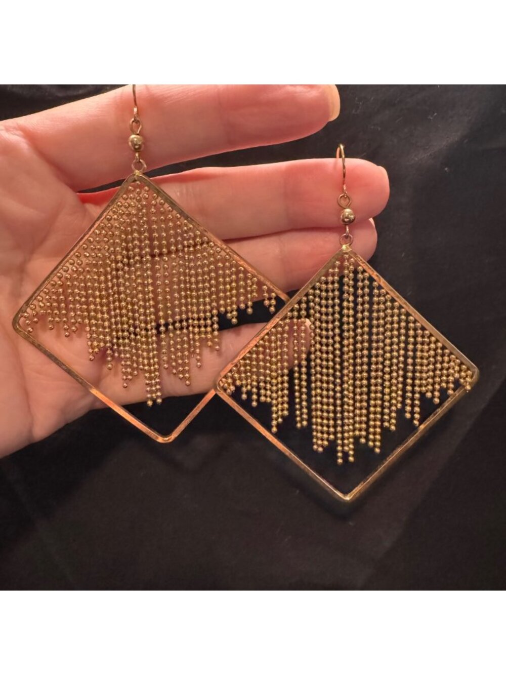 Large Gold Tone Square Dangle Earrings w/ Chain Fringe 3.25" Length